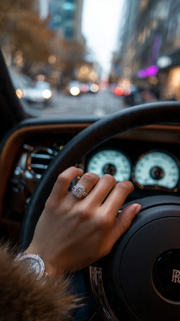 Zuhause lks bir araba iinde caddede giden bir kadneli dire